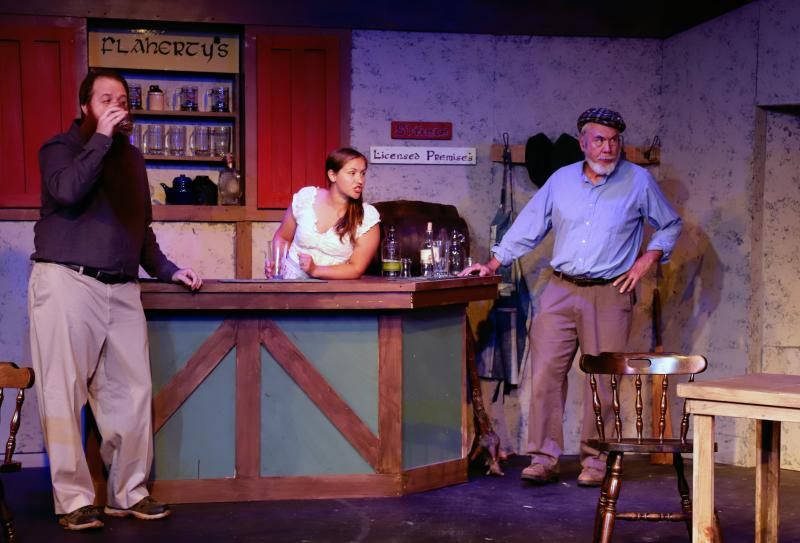 (l-r) Jimmy Farrell (Tyson Hoffman), Pegeen Mike (Greta Brown), and Philly Cullen (Tom Maycock) on a set designed by John Bielenberg in the Basil Burwell Community Theater. (Photo by Gwyneth Sauvage)