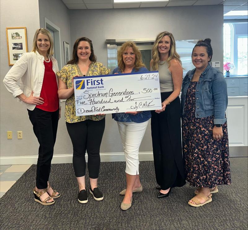 Spectrum Generations employees posed recently with First National Bank team members at the branch in Belfast for a sponsorship check presentation to support programs and the upcoming August 28 grand re-opening event taking place at Spectrum Generations’ Waldo Community Center. Pictured L – R: Michelle Curtis, VP Business Development and Community Engagement Officer, First National Bank; Lindsay MacDonald, VP Community Engagement, Spectrum Generations; Sandra MacDonald, Regional Center Director, Spectrum Generations; Kristen McAlpine, VP Business Development and Corporate Engagement Officer; and Noelle Bruns, Senior Banking Consultant. (Photo courtesy Spectrum Generations)