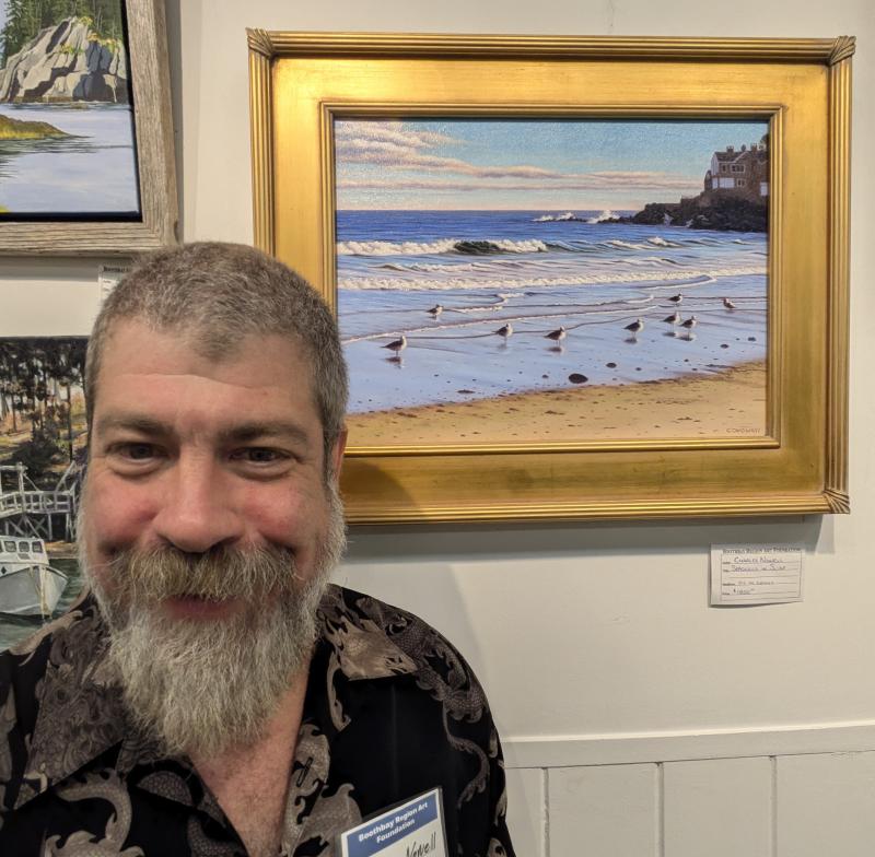 Artist Charles Nowell and his work “Seagulls in Surf” at Boothbay Region Art Foundation. Courtesy of the venue