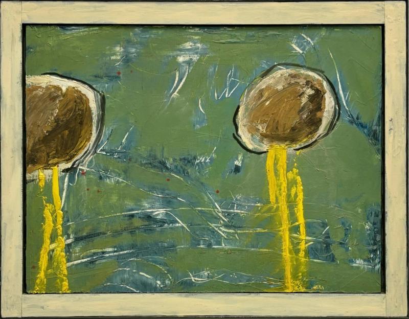 Kingsley Parker, 2 Orbs, Encaustic on panel with steel frame, 18” x 29”. (Photo courtesy Triangle Gallery)