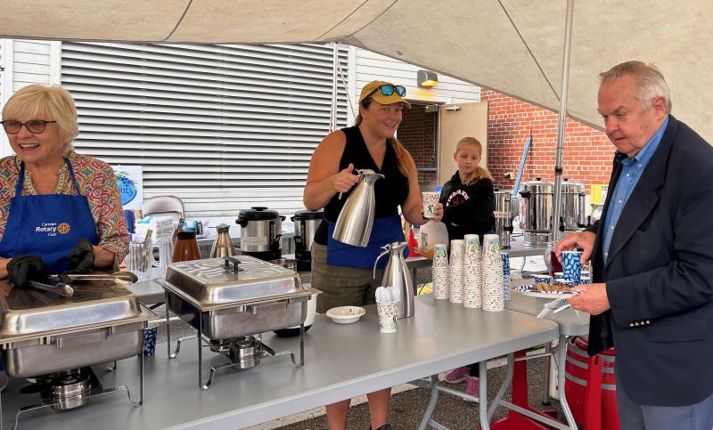 Serving up blueberry pancakes and coffee at the annual Camden Rotary Pancake Breakfast, with Dawn Harlor and Stephanie French (Photo by Lynda Clancy)