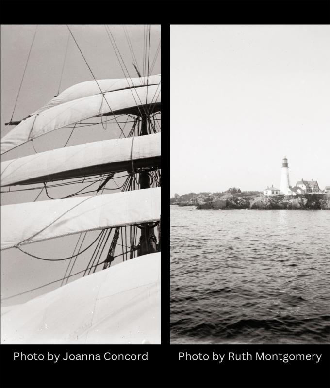 Left: Looking aloft on the ship ‘State of Maine’. Photo taken by Joanna Colcord around 1900. Joanna Colcord Collection, LB2003.61.1431. Right: Going by Portland Head Light on the bark ‘Carrie Winslow’. Photo taken by Ruth Montgomery around 1900. Ruth Montgomery Collection, LB1990.49.11. (Photo courtesy Penobscot Marine Museum)