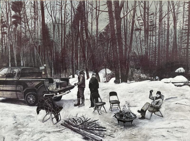 Edward Nadeau, Valentine’s Day 2023. Ink, gouache, ballpoint pen & collage, 36” x 48”. (Photo courtesy Triangle Gallery)