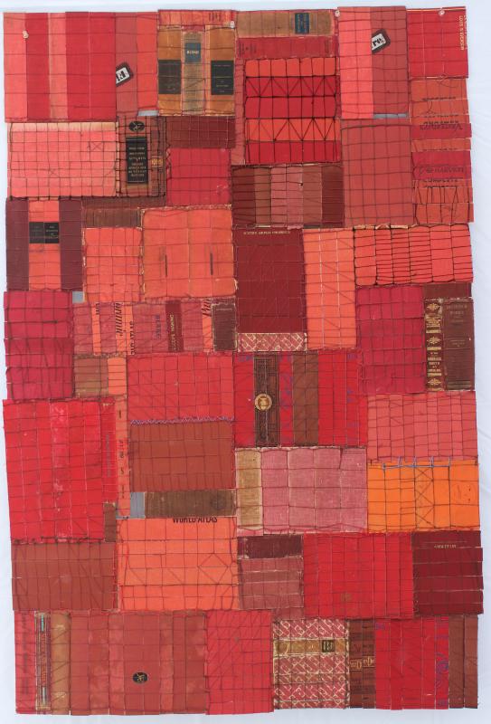 Abbie Read, Red, Book covers and linen thread, 63” x 45”. (Photo courtesy Triangle Gallery)