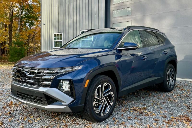 The refreshed-for-2025 Hyundai Tucson is an attractive, roomy, comfortable and well-screwed-together compact SUV with no real flaws and plenty of virtues, not the least of which are good value and Hyundai’s market-leading warranties. This color is Atlantis Blue; the interior is Gray. Tucson car