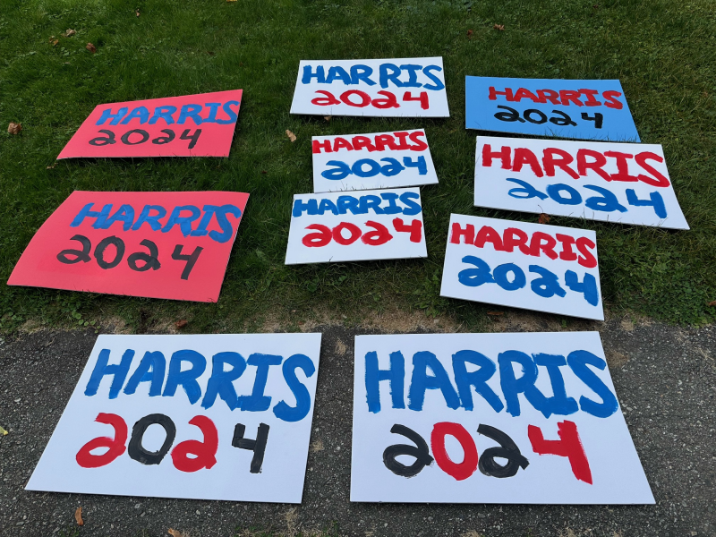 Meanwhile, some Harris supporters are fighting back. After the Harris signs were stolen from the front yard of Marcus Mrowka, he and his family got to work making new signs, Oct. 2. "They can steal our signs but not our spirit," he said. Meanwhile, some Harris supporters are fighting back. After the Harris signs were stolen from the front yard of Marcus Mrowka, he and his family got to work making new signs, Oct. 2. "They can steal our signs but not our spirit," he said.
