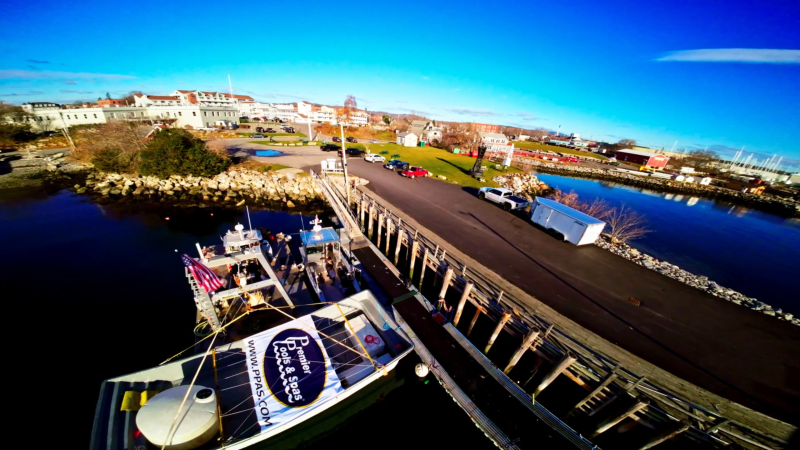 Leaving Rockland with the swimming pool to head across the bay to North Haven. (Photo courtesy Premier Pools and Spas) Docking the swimming pool on North Haven.