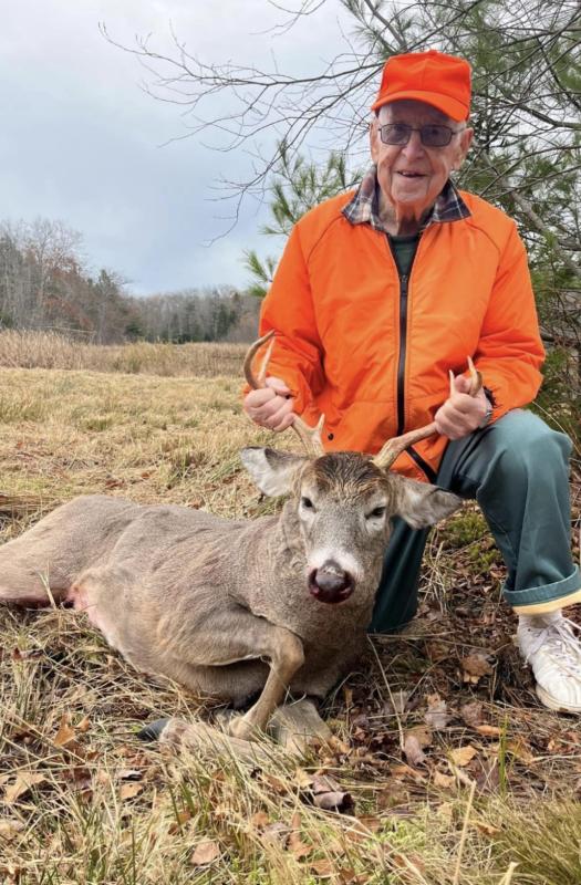 96 year old Alan Thomas with his 158 lb, 7 point buck. His last year of hunting. As he says every year. (Photo courtesy of Hill Top Farm Meat Cutters) Deer