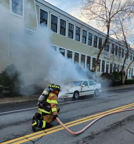 The Volvo is considered a loss following an engine fire that occurred just before 3 p.m. on Washington Street in Camden. (Photo courtesy Camden Fire Dept.) (Photo courtesy Camden Fire Dept.)
