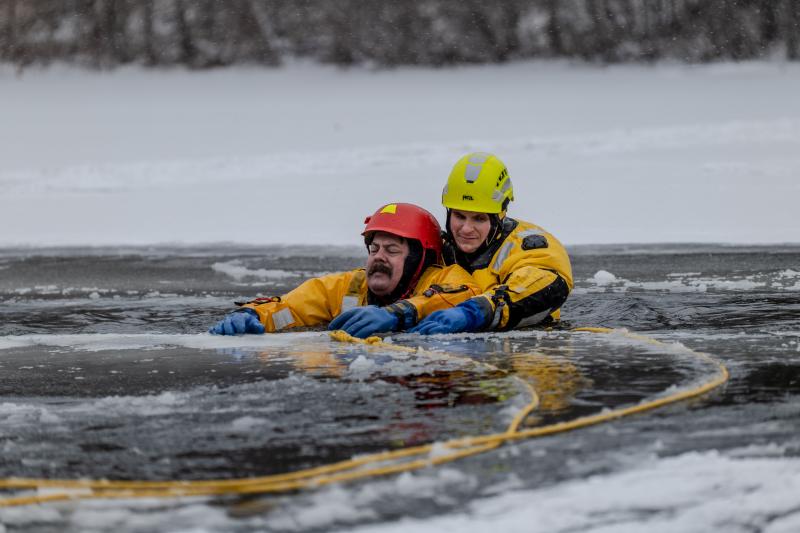 Camden ice water rescue training, Jan. 11, 2025. (Photo courtesy Tim Beynart) Camden ice water rescue training
