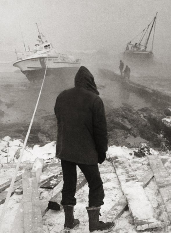 Double Trouble, from the National Fisherman Collection, Penobscot Marine Museum. A fierce snowstorm on the night of December 4, 1972 drove both the Alton A, a 55-foot wooden dragger, and her embarrassed rescuer, a 44-foot Coast Guard utility boat, up onto the ledges at the mouth of Maine’s Casco Bay. Double Trouble, from the National Fisherman Collection, Penobscot Marine Museum.