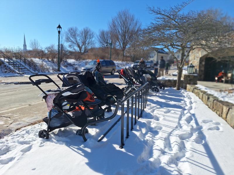 Although parking was at a premium in downtown Camden, parents found their own "stroller parking spaces" in front of the Camden Public Library. (Photo by Sarah Shepherd) Photo by Sarah Shepherd