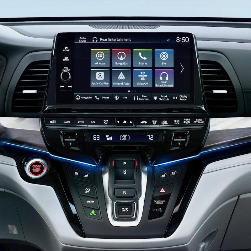 There’s a lot going on here. The most recent previous Odyssey we drove, a 2021 model, had nine main function buttons under its screen; the ‘25 has 12. Note the Snow mode switch, to the left of the P-R-N-D/S gear selector, and the Smart Shortcuts button beneath the main tiles. For convenience, some functions are replicated on the steering wheel—which, in the Elite trim, is heated. There’s a lot going on here. The most recent previous Odyssey we drove, a 2021 model, had nine main function buttons under its screen; the ‘25 has 12. Note the Snow mode switch, to the left of the P-R-N-D/S gear selector, and the Smart Shortcuts button beneath the main tiles. For convenience, some functions are replicated on the steering wheel—which, in the Elite trim, is heated.