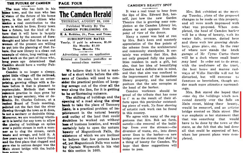 Mary Louise Bok hoped to see the river buildings removed in 1930, and here's also where the Camden Herald stated that the natural free-flowing Megunticook Falls was noted by explorer George Weymouth in 1605. (Image courtesy Ben Ellison) Mary Louise Bok hoped to see the river buildings removed in 1930, and here's also where the Camden Herald stated that the natural free-flowing Megunticook Falls was noted by explorer George Weymouth in 1605.