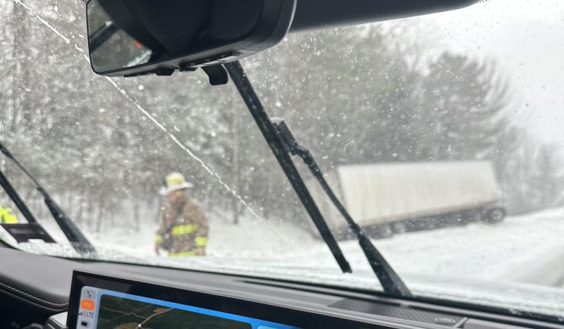 The tractor-trailer slowed traffic along Route 17 for some time before a wrecker arrived to remove it from the highway tractor trailer in snow