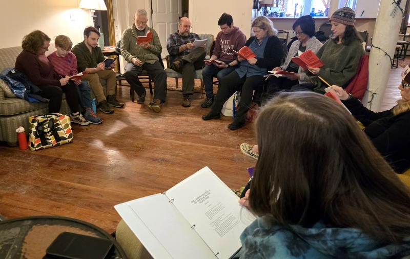 The cast and some of the production team of "The Curious Incident of the Dog in the Night-time" gathered at the Basil Burwell Community Theater in Belfast, Maine for an initial reading of the play in February. (l-r) Emily LeBlanc McConnell, Parks David McConnell, Tucker Atwood, André Blanchard, Zafra Whitcomb, Tom Lott, Sally Mills, Roxanne Morse, Robbin League, Jenny Hart, and Cassidy Small. (Photo courtesy Belfast Maskers) The cast and some of the production team of "The Curious Incident of the Dog in the Night-time" gathered at the Basil Burwell Community Theater in Belfast, Maine for an initial reading of the play in February. (l-r) Emily LeBlanc McConnell, Parks David McConnell, Tucker Atwood, André Blanchard, Zafra Whitcomb, Tom Lott, Sally Mills, Roxanne Morse, Robbin League, Jenny Hart, and Cassidy Small. (Photo courtesy Belfast Maskers)