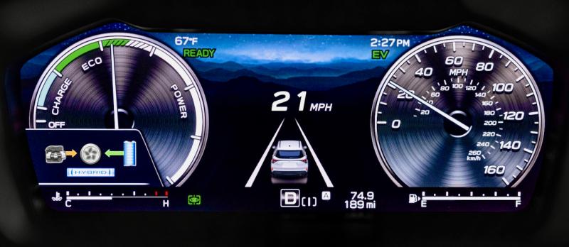 Because of its drivetrain, the hybrid Forester’s driver’s display is different from the gas-only Forester’s. The main computer also offers hybrid-only screens. Because of its drivetrain, the hybrid Forester’s driver’s display is different from the gas-only Forester’s. The main computer also offers hybrid-only screens.