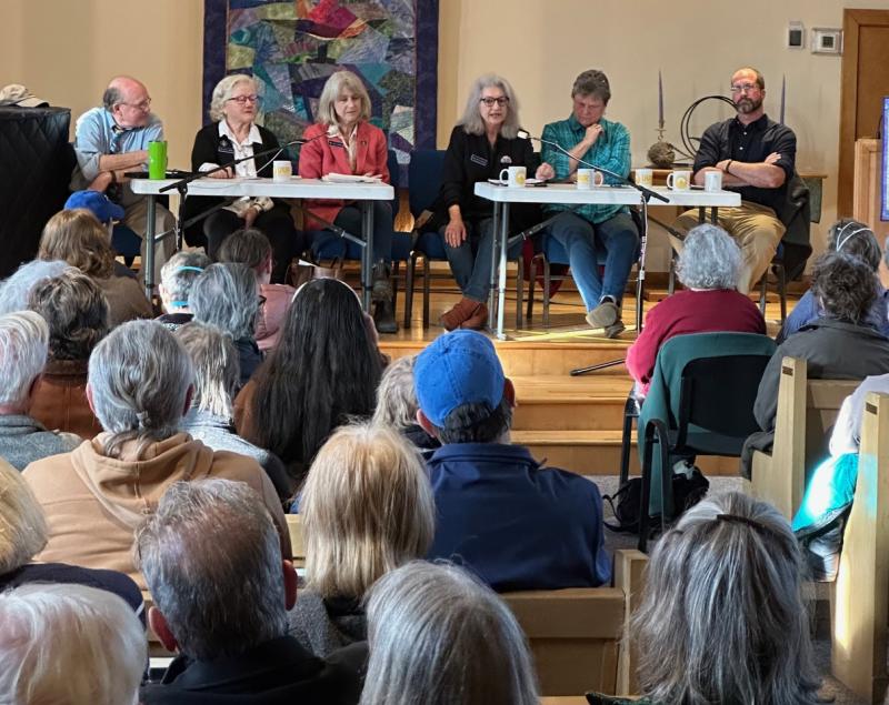 The March 28 panel at a legislative town hall meeting coordinated by the Knox County Democrats included Representatives Mike Ray, of Lincolnville; Ann Matlack, of St. George; Vicki Doudera, of Camden; Valli Geiger, of Rockland; Senator Ann Beebe-Center, of Rockland; and Rep. Bill Pluecker, of Warren. (Photo courtesy Greg Marley) c