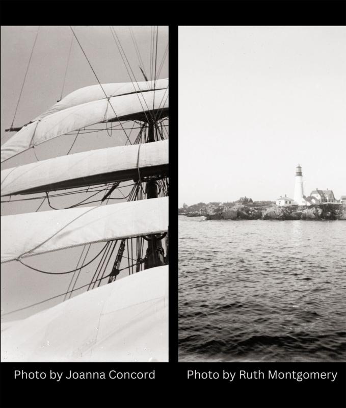 Going by Portland Head Light on the bark CARRIE WINSLOW. Photo taken by Ruth Montgomery around 1900. Ruth Montgomery Collection, LB1990.49.11. Looking aloft on the ship STATE OF MAINE. Photo taken by Joanna Colcord around 1900. Joanna Colcord Collection, LB2003.61.1431. (Collage courtesy Camden Public Library) Going by Portland Head Light on the bark CARRIE WINSLOW. Photo taken by Ruth Montgomery around 1900. Ruth Montgomery Collection, LB1990.49.11. Looking aloft on the ship STATE OF MAINE. Photo taken by Joanna Colcord around 1900. Joanna Colcord Collection, LB2003.61.1431. (Collage courtesy Camden Public Library)