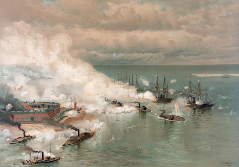 “An August Morning with Farragut; The Battle of Mobile Bay, August 5, 1864” painted by William Heysham Overend 1883 (Image in Public Domain, from the Collections of the Army Navy Club, Washington, D.C.) c