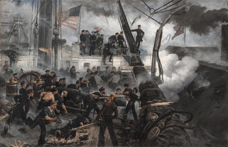 “Battle of Mobile Bay” painted by Louis Prang. At left foreground is the CSS Tennessee; at the right the USS Tecumseh is sinking (Image in Public Domain, from the Library of Congress)
c