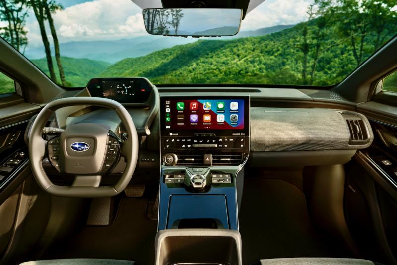 For better visibility, the Solterra’s unique raised instrument panel appears to the driver above the squared-off steering wheel. As befits an EV, the Solterra offers a multitude of electronic functions and apps plus ample connectivity. The gear selector may be the simplest out there: Push down on the center knob and click it left or right for Drive or Reverse. Selecting Park automatically engages the e-brake. For better visibility, the Solterra’s unique raised instrument panel appears to the driver above the squared-off steering wheel. As befits an EV, the Solterra offers a multitude of electronic functions and apps plus ample connectivity. The gear selector may be the simplest out there: Push down on the center knob and click it left or right for Drive or Reverse. Selecting Park automatically engages the e-brake.