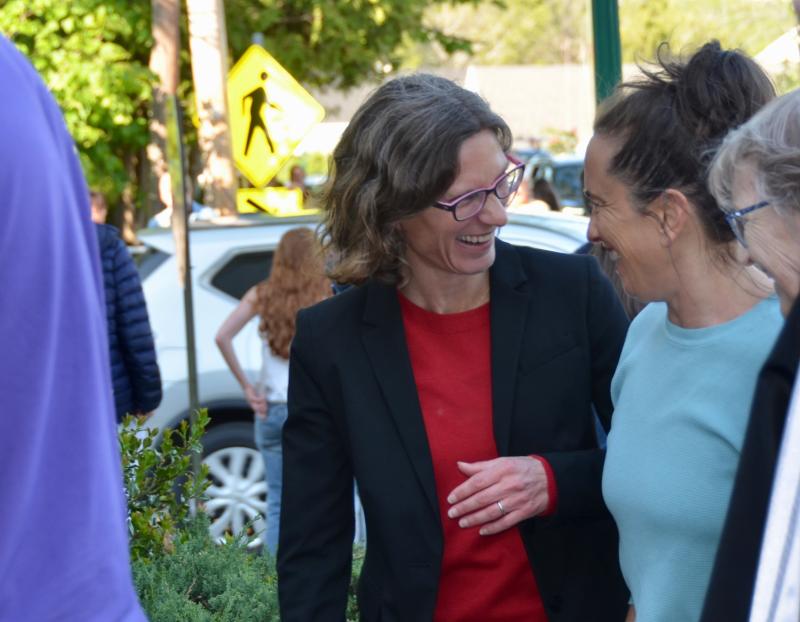 Camden Hills Regional High School Principal Jen Curtis stood outside the church door to welcome students and parents, until the last ones mounted the steps inside. (Photo by Lynda Clancy) c