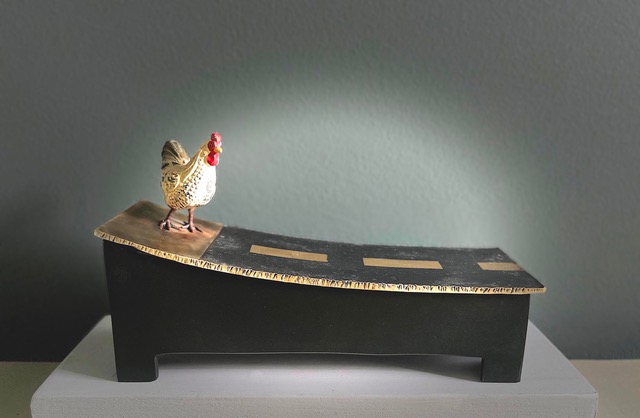 Raymond Mathis, Why Did The Chicken Cross The Road, stash box,  bronze, steel, and vintage toy. (Photo courtesy Salt Pond Studio)