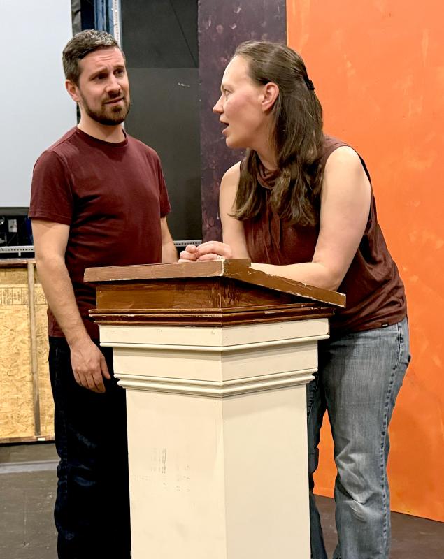 Tyler Johnstone (left) and April Rejman rehearse a scene from “Mr. Danby’s Son” by Dennis Hartin. (Photo by Gwyneth Sauvage) Tyler Johnstone (left) and April Rejman rehearse a scene from “Mr. Danby’s Son” by Dennis Hartin. (Photo by Gwyneth Sauvage)