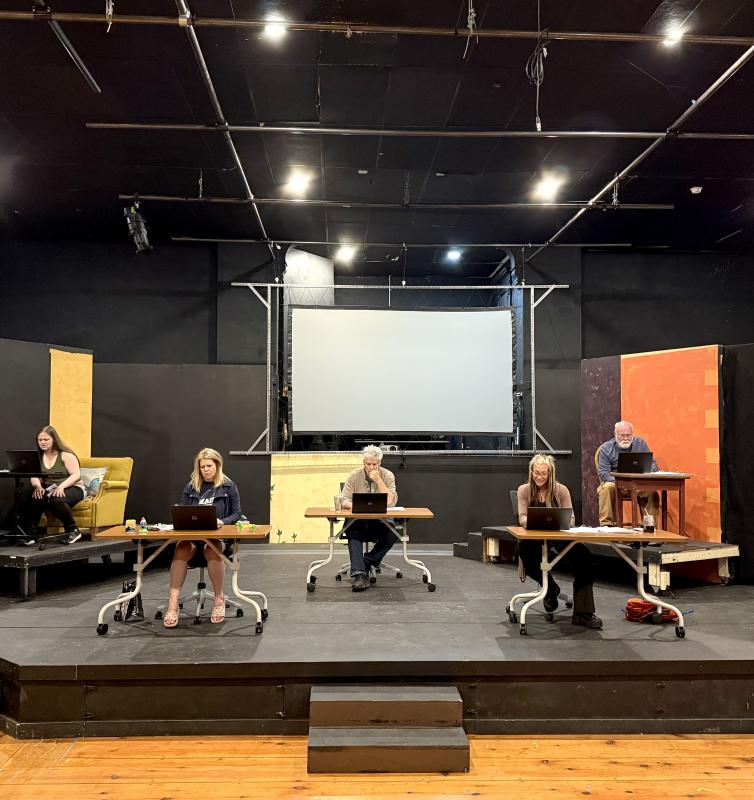 An early rehearsal of "Teams" by Joshua W. Jackson at the Basil Burwell Community Theater. (l-r) Cassidy Small, Jenny Hart, Peter Conant, River Lombardi, and Greg Marsanskis. (Photo by Gwyneth Sauvage) An early rehearsal of "Teams" by Joshua W. Jackson at the Basil Burwell Community Theater. (l-r) Cassidy Small, Jenny Hart, Peter Conant, River Lombardi, and Greg Marsanskis. (Photo by Gwyneth Sauvage)