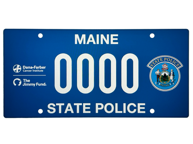 Commemorative license plates will be mounted to Maine State Police cruisers in support of Dana Farber and Jimmy Fund from Sept. 1 - 14, 2025. (Photo courtesy Maine Dept. of Public Safety)