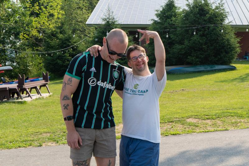 (Now) This summer, Gareth Robinson of Auburn (L) and Michael Thibodeau of Woolwich (R) recreated a favorite childhood photo of themselves at Pine Tree Camp. (Photo courtesy Pine Tree Camp) (Now) This summer, Gareth Robinson of Auburn (L) and Michael Thibodeau of Woolwich (R) recreated a favorite childhood photo of themselves at Pine Tree Camp. (Photo courtesy Pine Tree Camp)