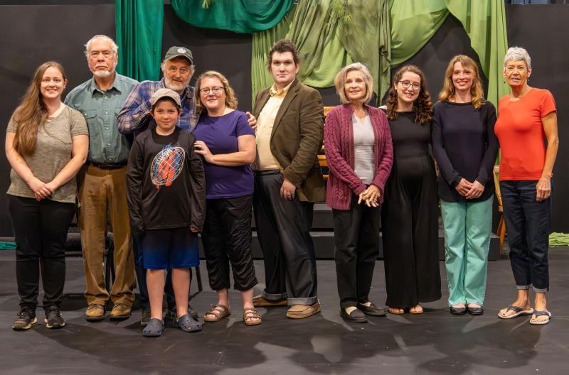 The cast and some of the production team of Belfast Maskers' "One Blue Tarp" by Travis G. Baker. (L-r): Cassidy Small (Stage Manager), Tom Maycock (Ira Jacobson), Samuel Jacobs (Buddy Pritchard), Robert Smith (David Stillman), Emily LeBlanc-McConnell (Joan Stillman), Jakob Sutton (Carl Ray), Ru Monsell (Gale Pritchard), Kristen Paarlberg (Hester Pritchard), Julia Clapp (Judy Stillman), Meg Nickerson (Director). (Photo by Gwyneth Sauvage) The cast and some of the production team of Belfast Maskers' "One Blue Tarp"