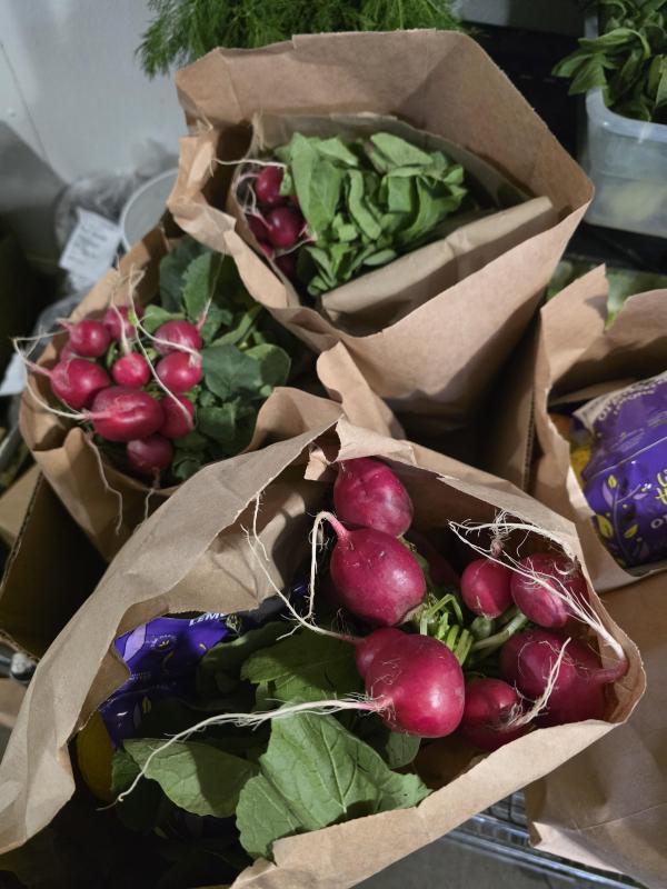 Bags of fresh produce donated by Fresh Off The Farm on a first-come, first-serve basis. (Photo courtesy Melanie Daigle) Bags of fresh produce donated by Fresh Off The Farm on a first-come, first-serve basis. Photo courtesy Melanie Daigle