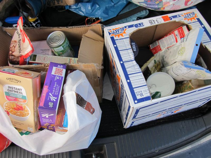 Boxes and bags of canned goods and supplies about to be delivered to the Belfast No Greater Love food pantry. (Photo by Kay Stephens) Boxes and bags of canned goods and supplies about to be delivered to the Belfast No Greater Love food pantry. Photo by Kay Stephens