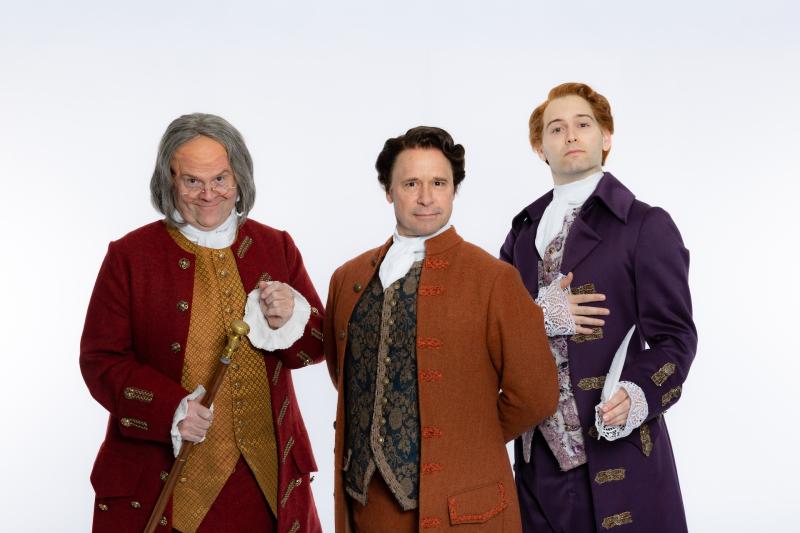 "1776" cast members John Treacy Egan (Benjamin Franklin), James Patterson (John Adams) and Quinn Corcoran (Thomas Jefferson). Musical opens June 25 at MSMT. Courtesy of MSMT