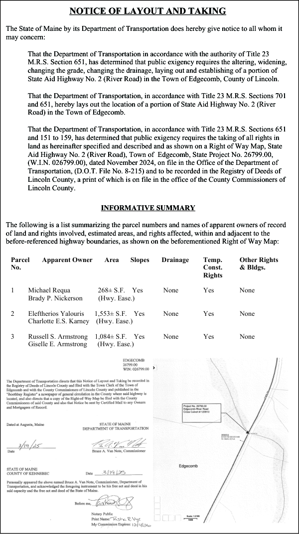 Maine DOT Notice of Taking Edgecomb WIN 026799.00 