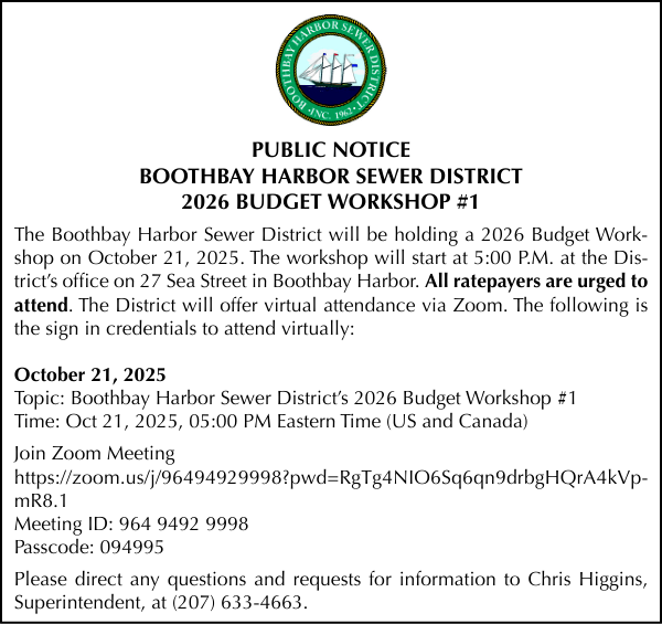 Boothbay Harbor Sewer District - 2026 BUDGET WORKSHOP #1