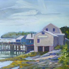 Lobster pound at Tenant’s Harbor, 14X18, oil on archival canvasboard. (Photo courtesy Carol L. Douglas)