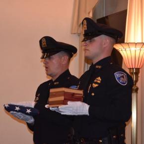 A two-person Police Color Guard made up of Rockland police officers formally presented an American flag and the urn to the Davis Family. (Photo by Sarah Thompson)