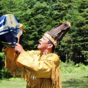 Dwayne Tomah sings a Passamaquoddy song outside of his home in Perry, Maine. (Photo by Robbie Feinberg/Maine Public, provided to Pen Bay Pilot by Camden Public Library) Dwayne Tomah sings a Passamaquoddy song