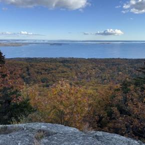 A view over Penobscot Bay and beyond to Isle au Haut, from the top of Bald Rock Mountain in Lincolnville. (Photo courtesy Lily Herb)