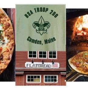 Collage poster with Girls Scout Troop banner over pictures of pizza