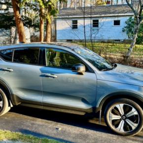 The all-wheel-drive Volvo C40 Recharge Twin Motor offers about 230 miles of warm-weather range and, despite its teddy-bear vibe, 402 horsepower and 495 pound-feet of torque. Volvo calls this color Thunder. 