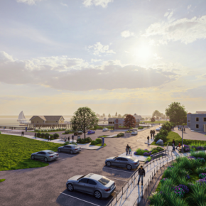 Pier on left. One Park Drive on right