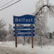  The welcome sign featured entering Belfast via Route 3 sits encrusted in ice Monday afternoon. 