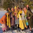 Erja Lipponen’s Wander Women at Crawford Lake in Union with ice chisels, axes and saws, after a sauna.  Back row left to right: Kerry Hadley, Amanda Beal, Miska Järvinen. Front Row: Mary Gordon, Autumn Cipala, Sarah Swajkos, Carla Armbuster, Amy Fisher. (Photo by Erja Lipponen)