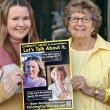 Lilly Desroberts and Mary Lou Smith at 21 and 85, the youngest and oldest Finding Our Voices poster stars. Lilly, a pre-dental student and class president at UNE Biddeford, shares her story of dating abuse at Finding Our Voices presentations. Lilly was the guest on Patrisha McLean’s February “Let’s Talk About It” Podcast episode. https://findingourvoices.net/podcast. (Photo by Patrisha McLean)