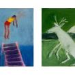 (Left) Diver off Purple Pier by Katherine Bradford (photo courtesy artist). (Right) Altered Creation II by Anna Dibble (photo by Jay York). (Image courtesy Rockland Main Street)