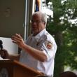 New Hope Fire Chief Mike Easton chokes up as he announces the Clarence Keller Scholarship Fund. (Photo by Sarah Thompson)